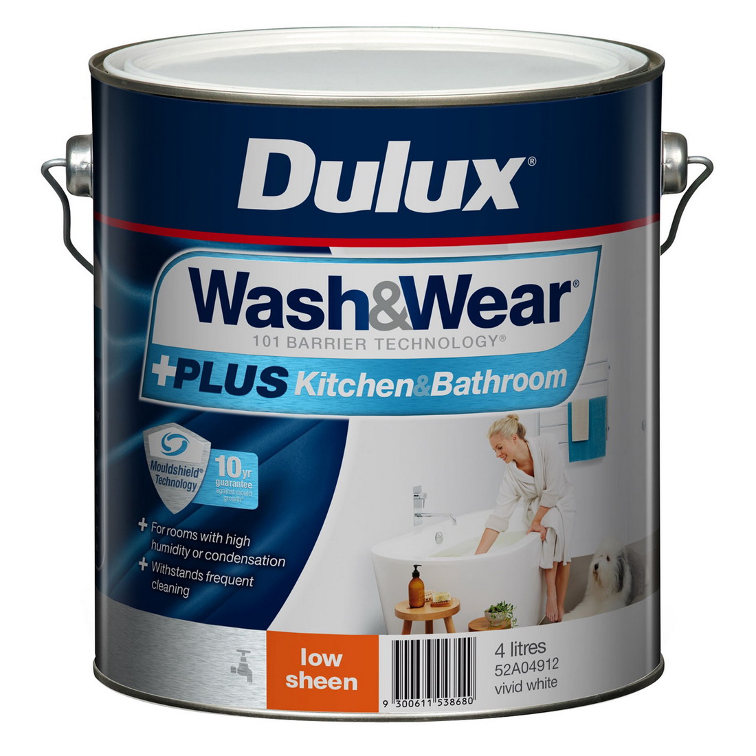 Wash And Wear Plus Kitchen And Bathroom Low Sheen Vivid White 4L Wash And Wear Plus Kitchen And Bathroom Low Sheen Vivid White 4L