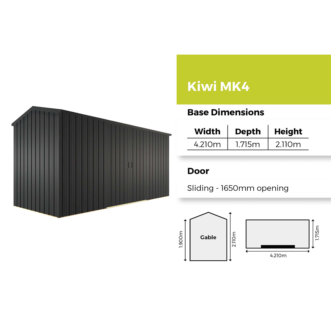 Kiwi Zinc Kitset Garden Shed 4.21 x 1.715 x 2.11m KMK4Z