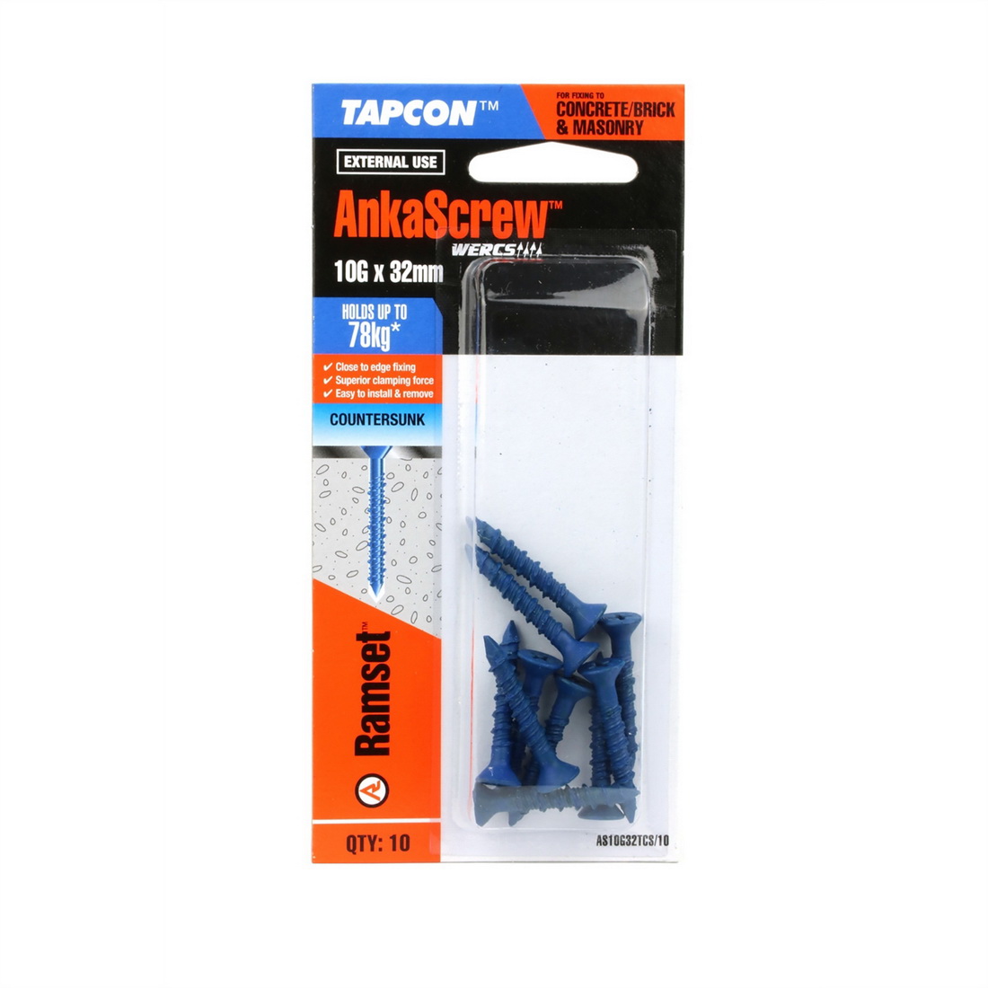 Tapcon Ankascrew Countersunk Head Masonry Screw 10G 32mm Carbon Steel 10 pack AS10G32TCS/10 Tapcon Ankascrew Countersunk Head Masonry Screw 10G 32mm Carbon Steel 10 pack AS10G32TCS/10