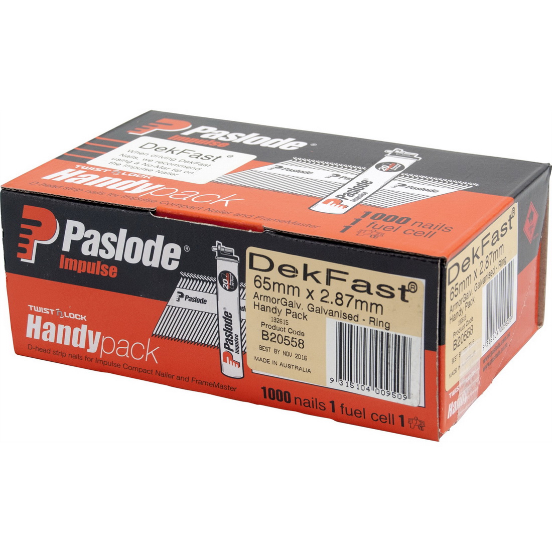 DekFast Round Head Impulse Nail and 1 Fuel Cell 2.87 x 65mm Ring Armor Galvanised 1000 pack DekFast Round Head Impulse Nail and 1 Fuel Cell 2.87 x 65mm Ring Armor Galvanised 1000 pack