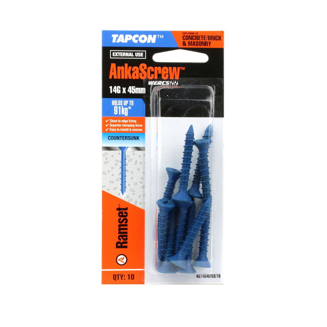 Tapcon Ankascrew Countersunk Head Masonry Screw 14G 45mm Carbon Steel 10 pack AS14G45TCS/10 Tapcon Ankascrew Countersunk Head Masonry Screw 14G 45mm Carbon Steel 10 pack AS14G45TCS/10
