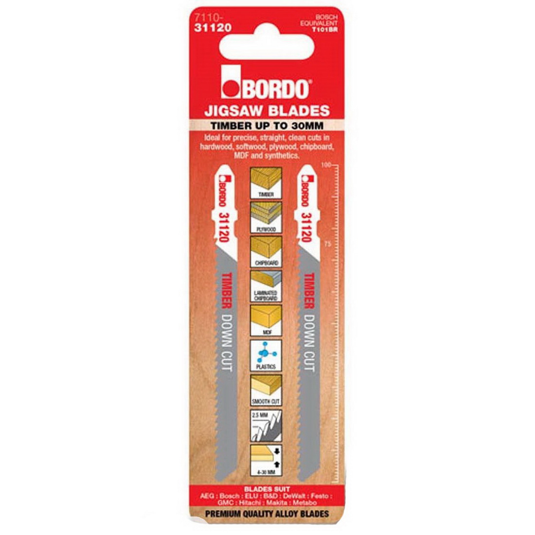 Jig Saw Blade 100mm Timber T-Shank Precise Straight Down Cut 2-Pack 7110-31120 Jig Saw Blade 100mm Timber T-Shank Precise Straight Down Cut 2-Pack 7110-31120