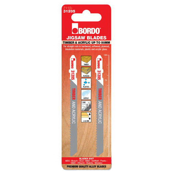 Jig Saw Blade 100mm Timber And Acrylic T-Shank Straight Cut Alloy 2-Pack 7110-31205 Jig Saw Blade 100mm Timber And Acrylic T-Shank Straight Cut Alloy 2-Pack 7110-31205