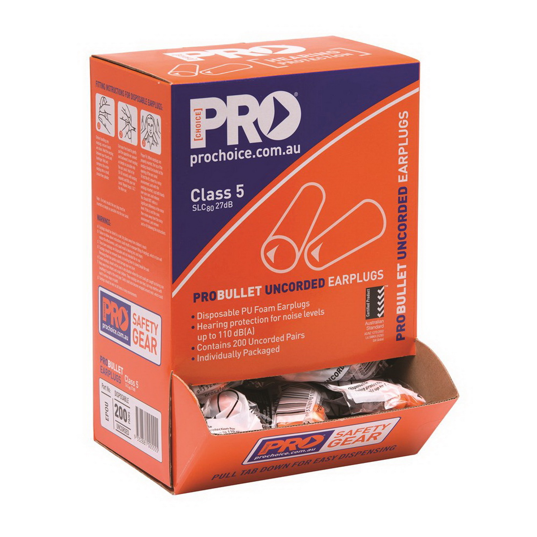 ProBullet Class 5 27dB Tapered Disposable Earplug Uncorded 200 Pairs Box ProBullet Class 5 27dB Tapered Disposable Earplug Uncorded 200 Pairs Box