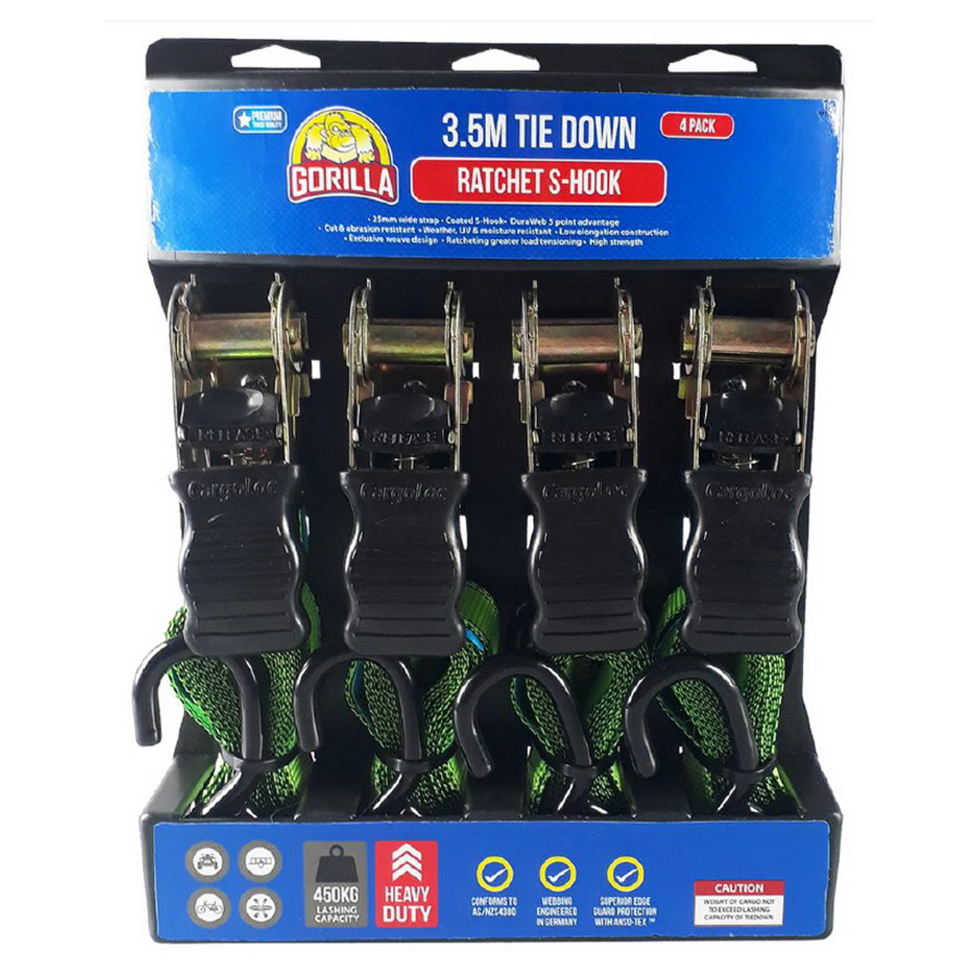 Ratchet S-Hook Tie Down 25mm x 3.5m 4 Pack Ratchet S-Hook Tie Down 25mm x 3.5m 4 Pack