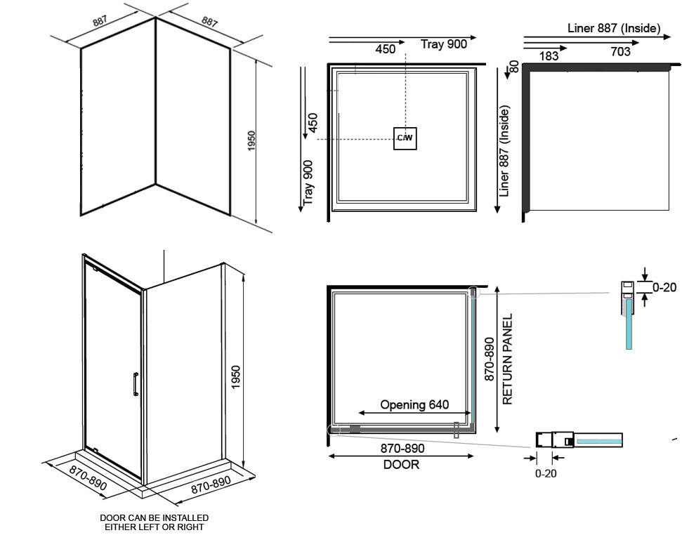 Evolve Square Shower Cubicle 900 x 900mm 2 Sided Chrome Centre Waste ...