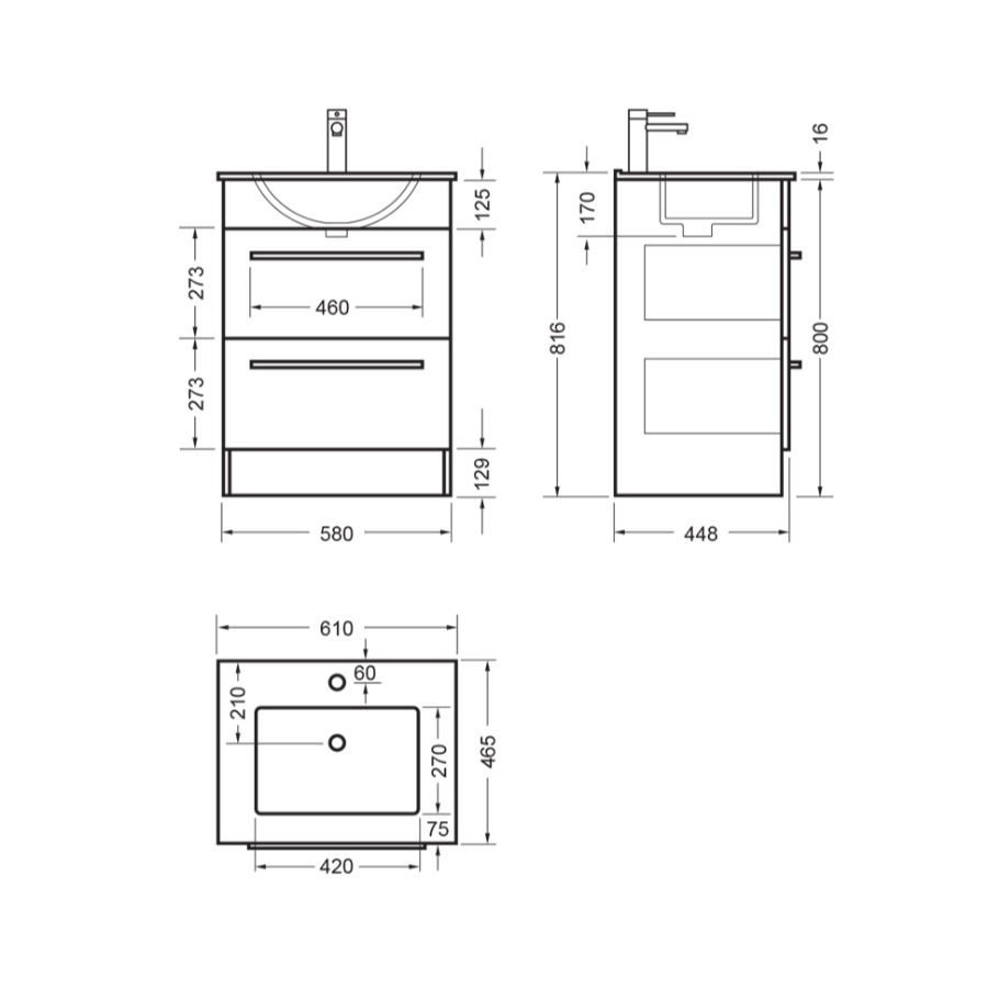 Verona Floor Standing Vanity 600mm 2 x Drawer Dezigna White Gloss ...