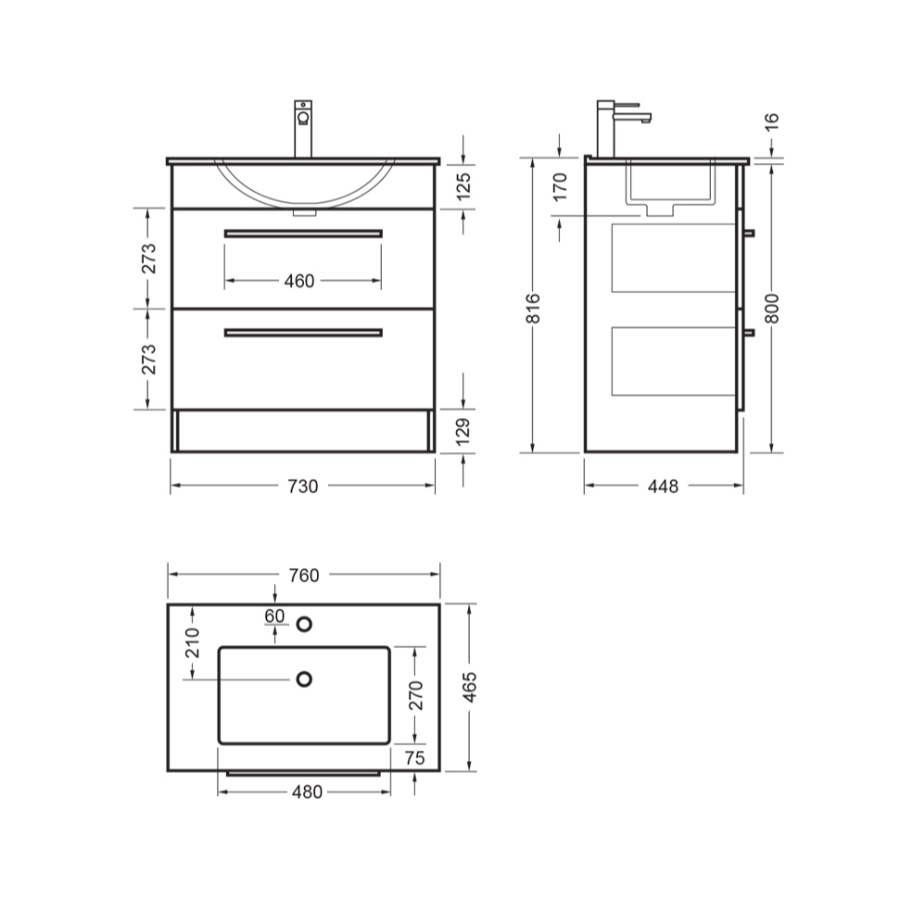 Verona Floor Standing Vanity 750mm 2 x Drawer Dezigna White Gloss Curved Vitreous China 86803.11
