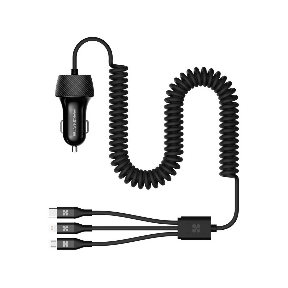 3.4A Multi-Connect Coiled Cable Universal Car Charger with USB Port Black 3.4A Multi-Connect Coiled Cable Universal Car Charger with USB Port Black