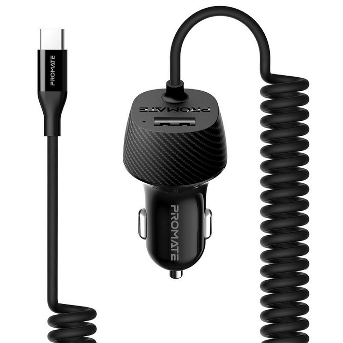 3.4A Dual Car Charger with USB-A Port & USB-C Coiled Charging Cable Black 3.4A Dual Car Charger with USB-A Port & USB-C Coiled Charging Cable Black