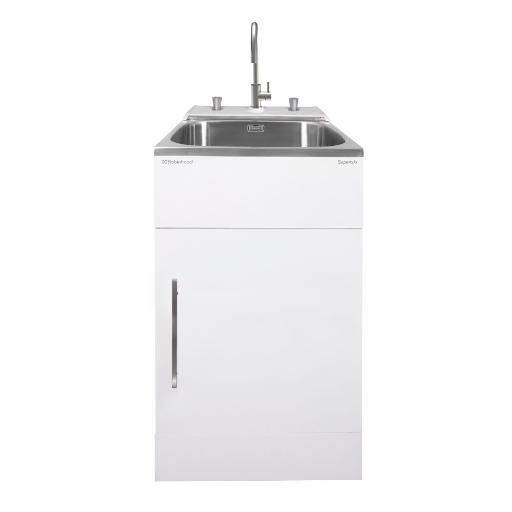 Supertub Series III Standard Size 1 Door Console With Taps Model Satin White SS Gooseneck Tap ST3783 Supertub Series III Standard Size 1 Door Console With Taps Model Satin White SS Gooseneck Tap ST3783