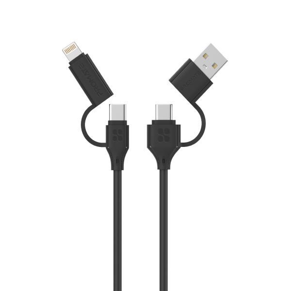 Quadcord 4 In 1 Cable 1.2m 60W USB-C Lightning USB-A Interchangeable Connectors Black Quadcord 4 In 1 Cable 1.2m 60W USB-C Lightning USB-A Interchangeable Connectors Black