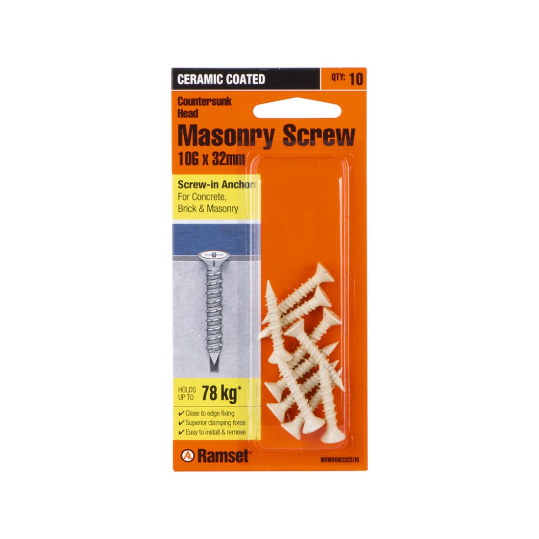 Ankascrew Tapcon Anchor Screrw Countersunk Masonry 10 x 32mm white